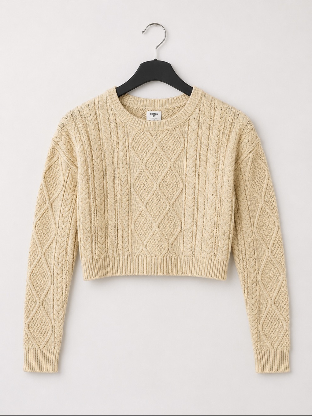 Cotton On Cream Cable Knit Cropped Sweater Fisherman Pullover Womens Size Medium
